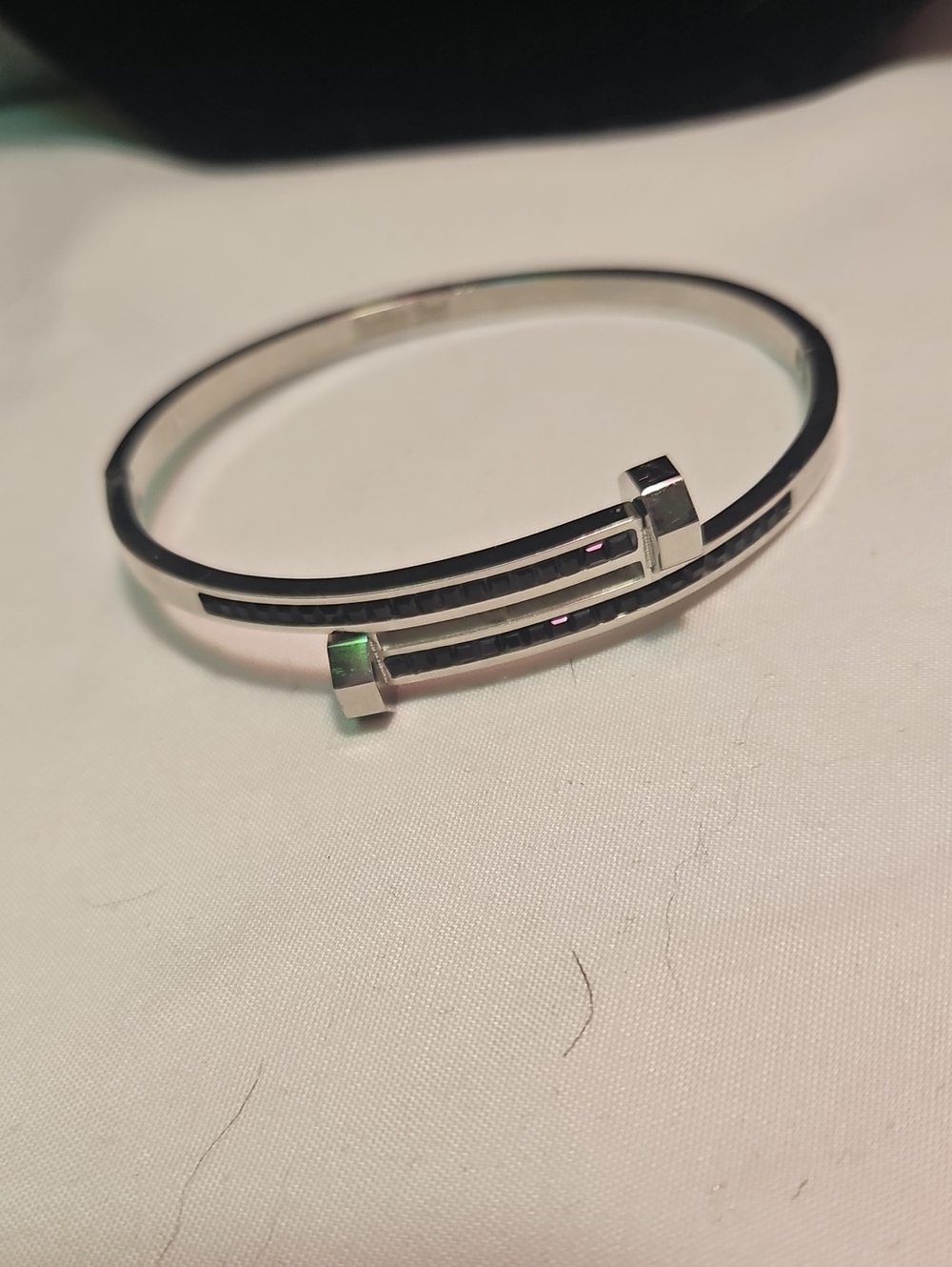 Silver-Tone Black Inlay Hinged Bangle Bracelet